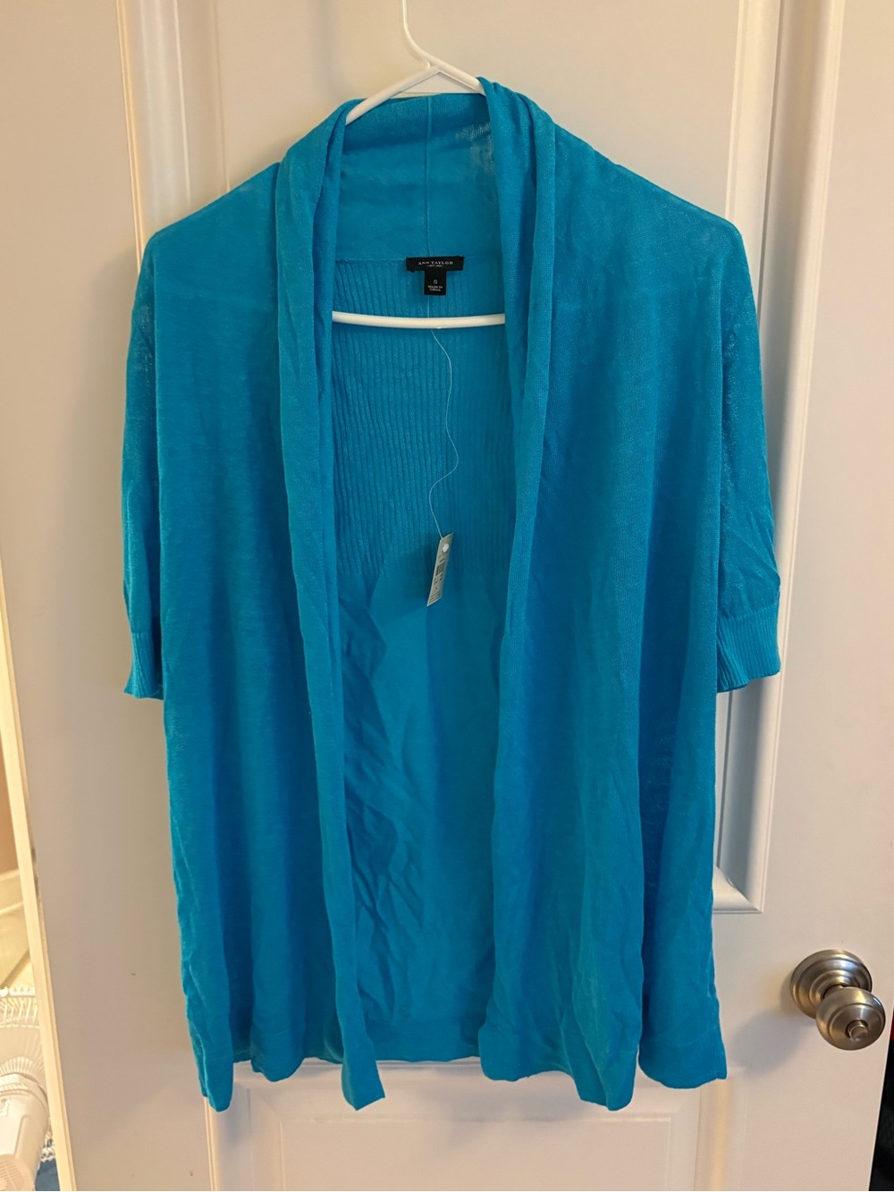 Ann Taylor Short Sleeve Turquoise Open-Front Cardigan NWT - Picture 1 of 14